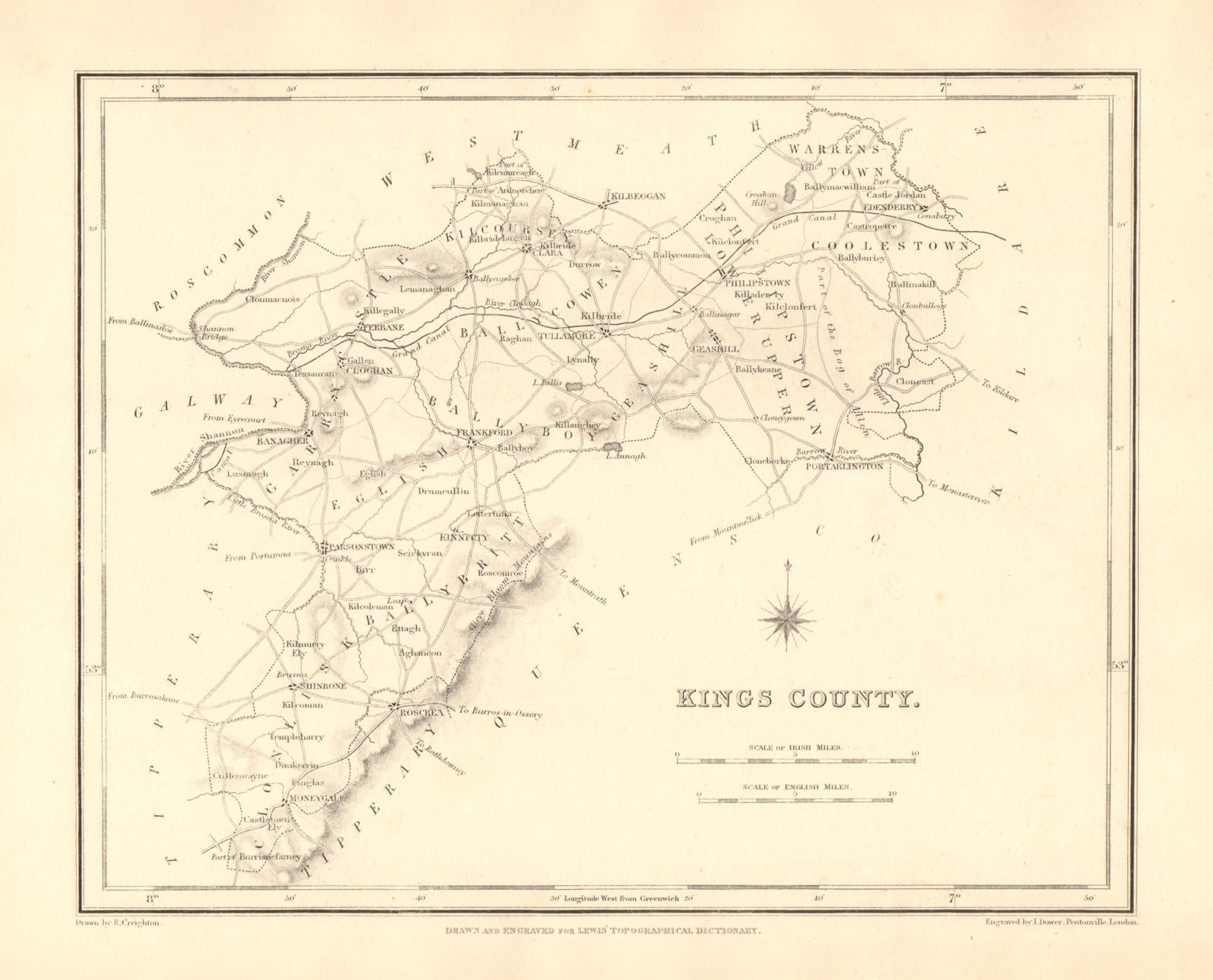 KINGS COUNTY (OFFALY) antique map for LEWIS - CREIGHTON & DOWER - Ireland 1846